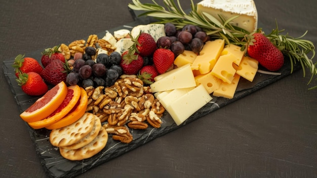 Photo appetizer platter with cheese fruit nuts and crackers