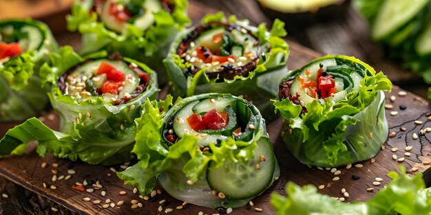 Photo appetizer rolls with avocado sundried tomatoes cucumbers lettuce and tahini concept avocado rolls veggie appetizers tahini recipe fresh ingredients healthy snack