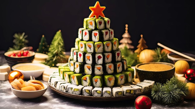 Photo appetizer in shape of christmas tree from rolls sushi red fish traditional japanese cuisine on new