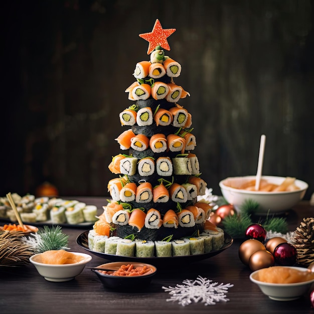 Photo appetizer in shape of christmas tree from rolls sushi red fish traditional japanese cuisine on new