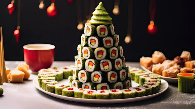 Photo appetizer in shape of christmas tree from rolls sushi red fish traditional japanese cuisine on new