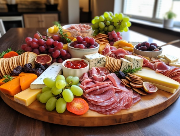 Appetizers board with assorted cheese sliced cured meat grape crackers nuts and other snacks Charcuterie and cheese platter on a kitchen table in front of a window