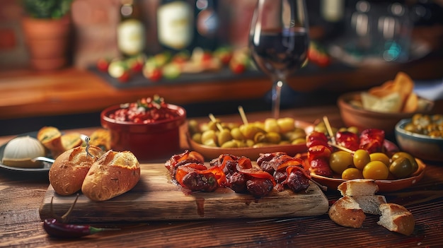 Photo appetizers and drinks on a wooden table