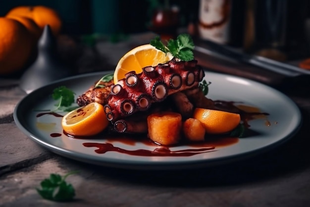 Appetizing baked octopus with potatoes and vegetables Generative AI