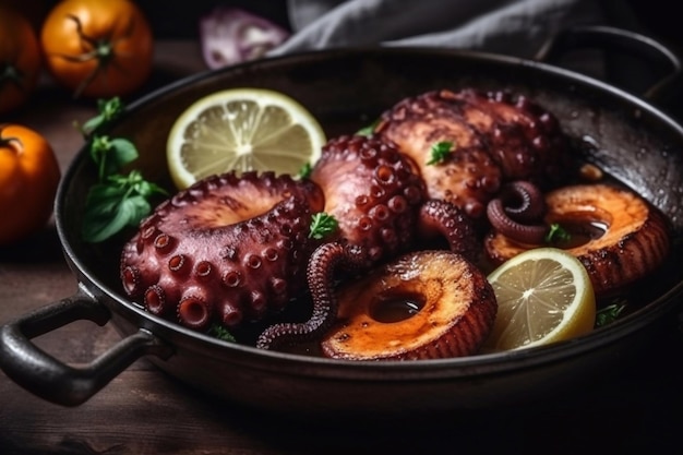 Appetizing baked octopus with potatoes and vegetables Generative AI