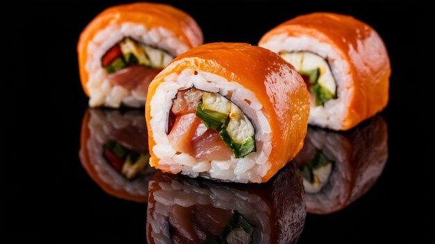 Appetizing baked sushi roll with fish on a black background with reflection