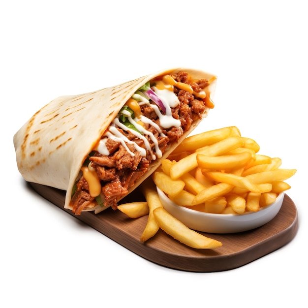 Appetizing BBQ Pork Nachos Wrap with Fries isolated on White background