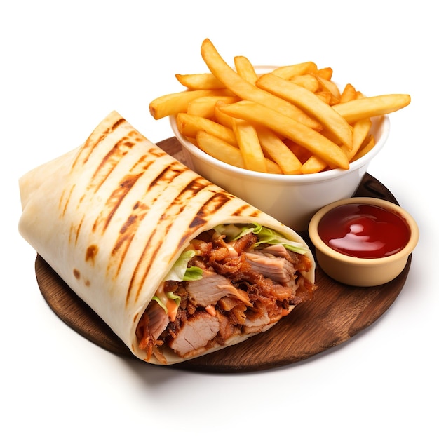 Appetizing BBQ Pork Nachos Wrap with Fries isolated on White background