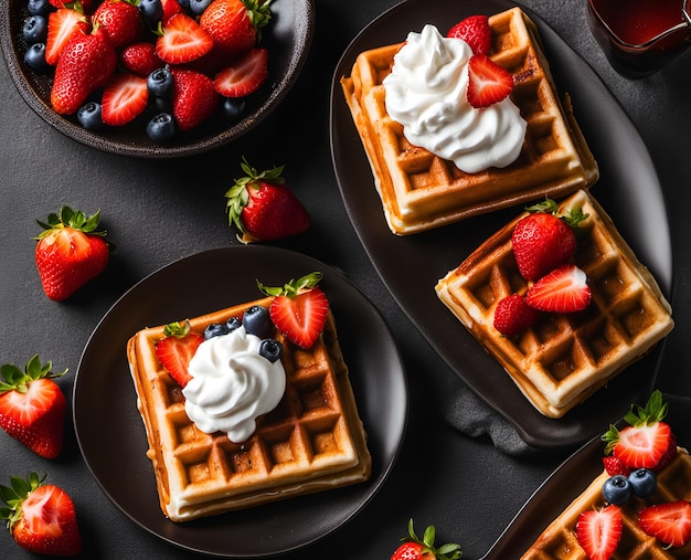 Appetizing beautiful waffles with whipped cream strawberry and other berries on a plate dessert food photo