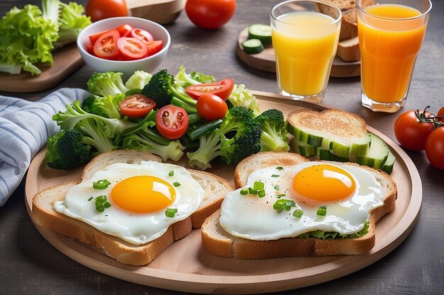 Photo appetizing breakfast with fried eggs vegetables toast and juice