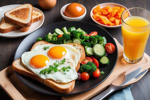 Photo appetizing breakfast with fried eggs vegetables toast and juice