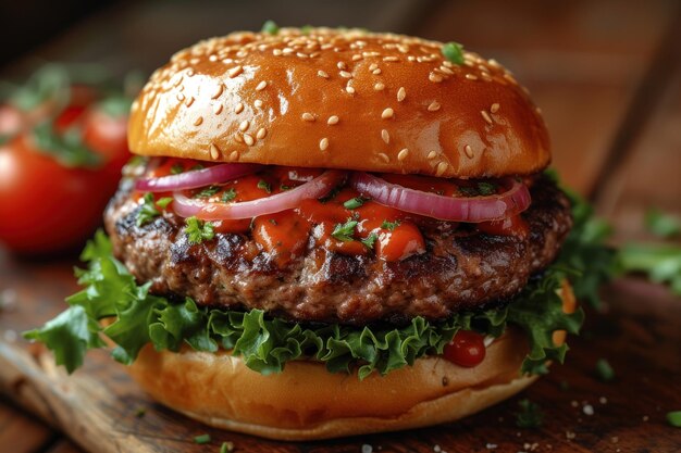 Appetizing burger composition highlighting the artistry of culinary craftsmanship