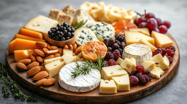 Photo appetizing cheese platter with assorted cheeses almonds and dried fruits high in calcium content for healthy eating