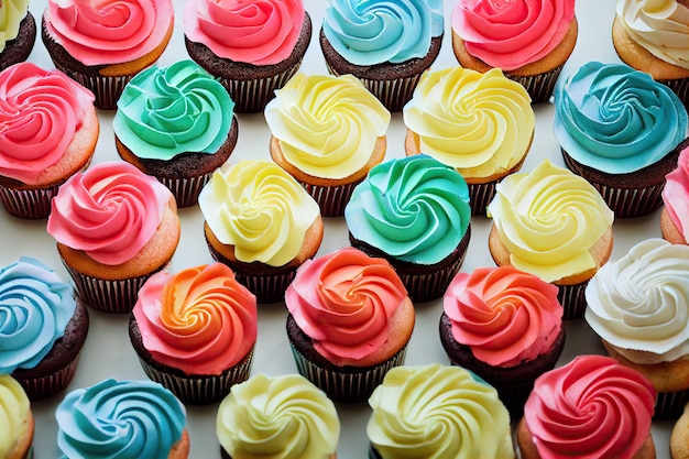 Appetizing dessert for birthday in form of elegant multicolored cupcakes