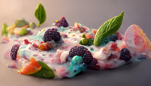 Appetizing dessert with ice cream with fruits and berries 3D illustration Ai render