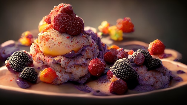 Appetizing dessert with ice cream with fruits and berries 3D illustration