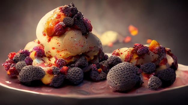 Appetizing dessert with ice cream with fruits and berries 3D illustration