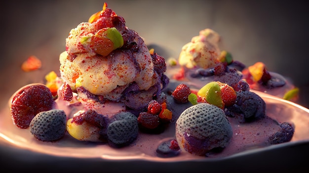 Appetizing dessert with ice cream with fruits and berries 3D illustration