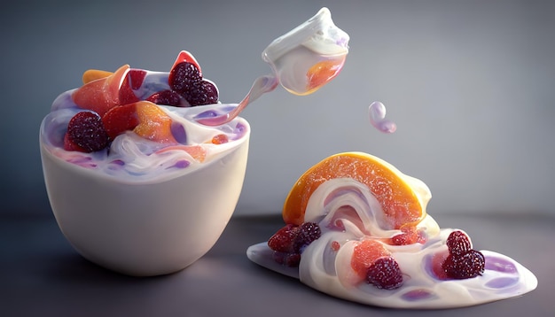 Appetizing dessert with ice cream with fruits and berries 3D illustration