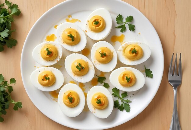 Photo appetizing deviled eggs with linen napkin