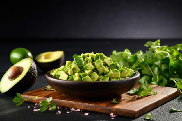 Appetizing Diced Avocado with Garlic Arugula and Lime on Black Slate Plate