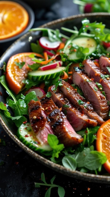 Appetizing duck salad with herbs and oranges on a dark background