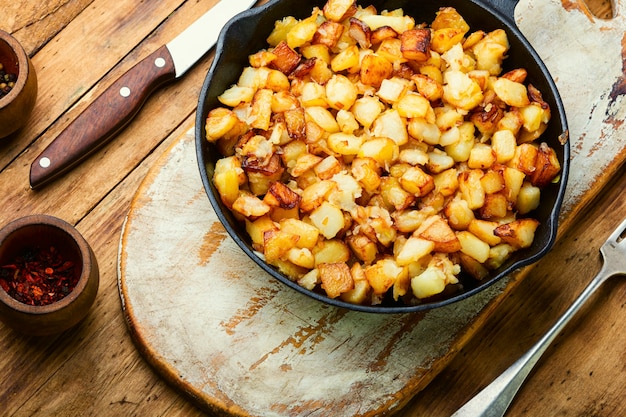 Appetizing fried potatoes.Roasted potatoes on the iron cast pan