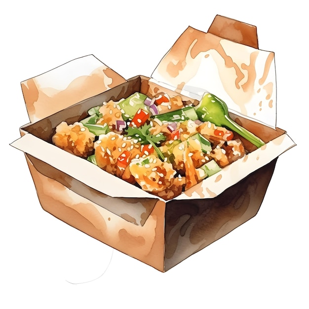 Appetizing Fried Rice Meal in Colorful Takeout Box with Vegetables on White Backdrop