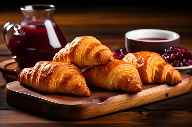 Photo appetizing goldenbrown croissants served with raspberry jam and a cup of tea capturing the perfect