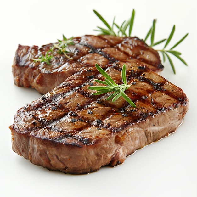 Appetizing grilled beef steaks on a white background