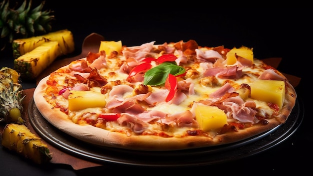 appetizing Hawaiian pizza with ham grilled chicken bacon pineapple green peppers onions yellow