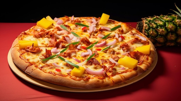 appetizing Hawaiian pizza with ham grilled chicken bacon pineapple green peppers onions yellow