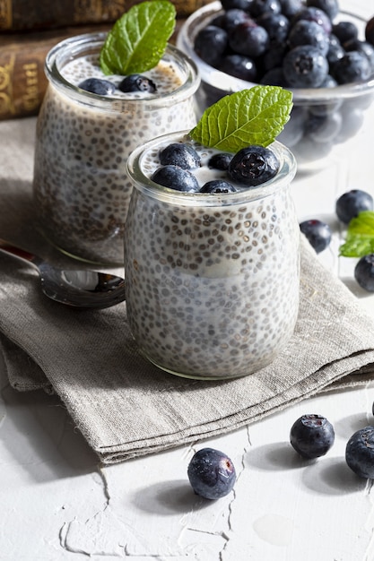 Appetizing, healthy and refreshing chia seed pudding with fresh blueberries and mint leaves