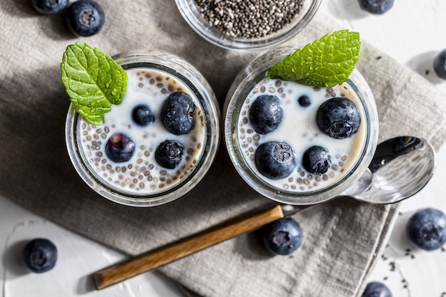 Appetizing, healthy and refreshing chia seed pudding with fresh blueberries and mint leaves