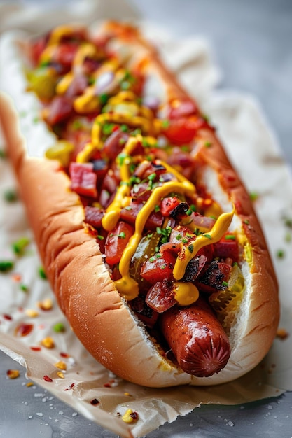 Appetizing Hot Dog Topped with Fresh Vegetables and Sauces