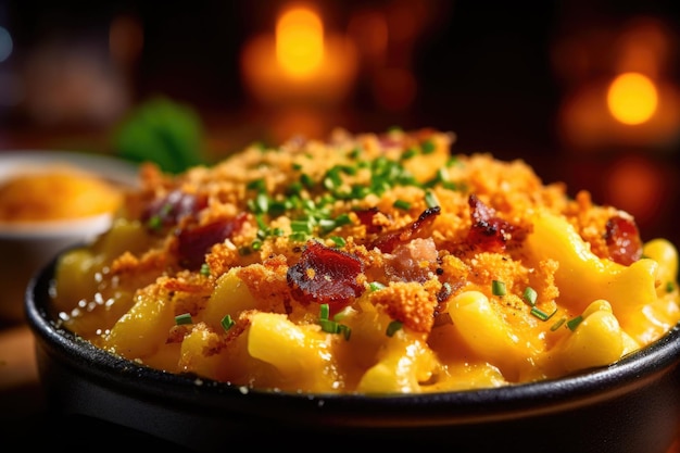 Appetizing mac and cheese in bowl with bacon on top baked in oven Generative AI illustration