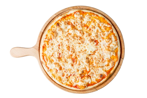 Appetizing Margherita pizza served on a wooden boardTraditional Italian food and popular snack Top view Isolated on white background