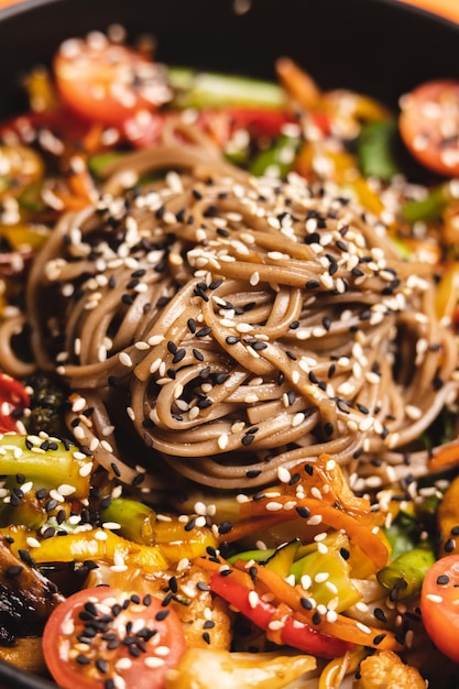 Appetizing noodles with vegetables sprinkled with sesame seeds on an orange background