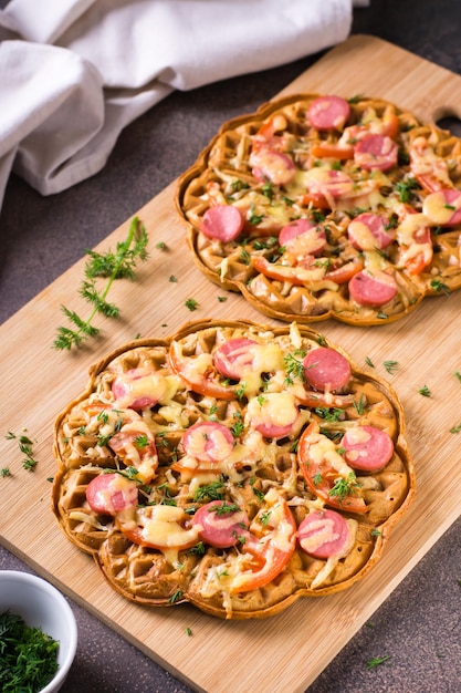 Appetizing pizza waffle with vegetables sausages and cheese on a board on the table Vertical view