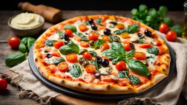 Appetizing pizza with salmon cream sauce tomatoes spinach on the table