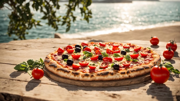 Appetizing pizza with tomatoes olives basil on the seashore