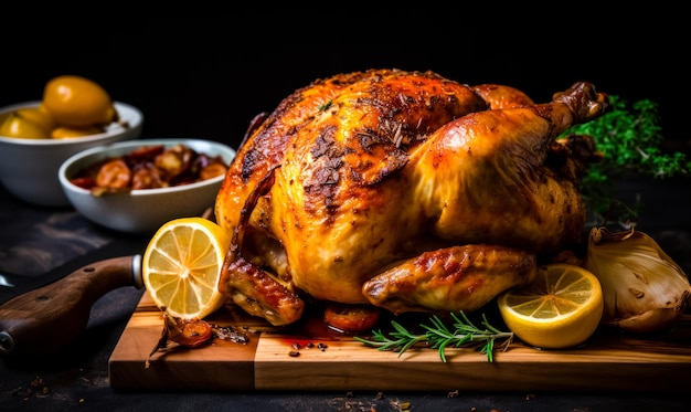 Appetizing roasted chicken with herbs and lemons Poultry for dinner on the wooden board Close up Black backdrop Generative AI