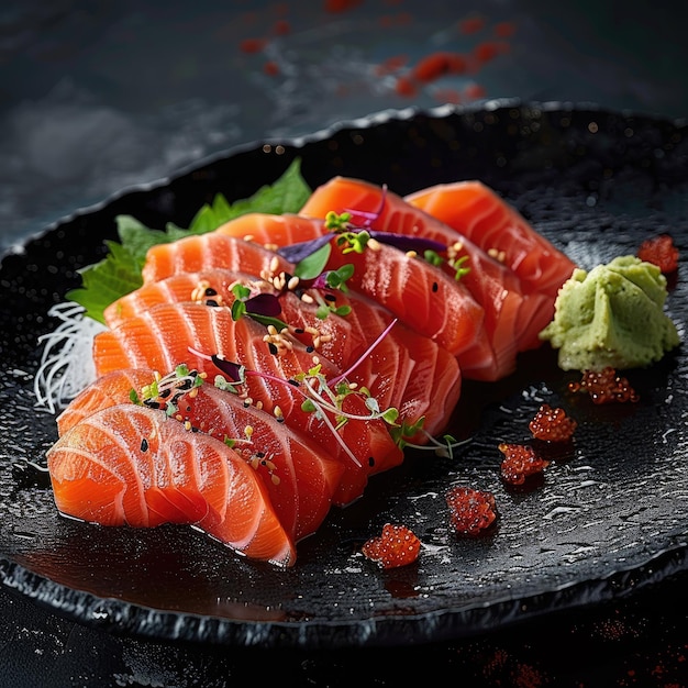 Appetizing salmon sashimi slices beautifully presented on a black plate ideal for food enthusiasts