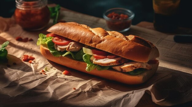 Photo appetizing sandwich with grilled chicken fresh lettuce and tomatoes served on baking paper