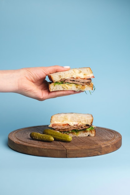 Appetizing sandwich with pieces of meat, vegetables and greens on a blue background