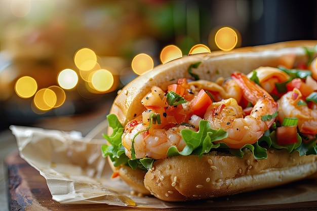 Appetizing Shrimp Po Boy Sandwich with Fresh Toppings on a Bokeh Blurred Background