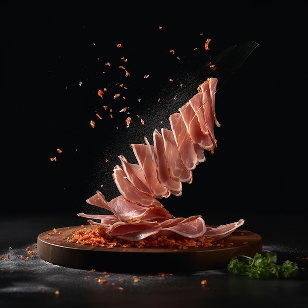 Appetizing slices of delicious jamon ham in the air on a black background a beautiful creative food