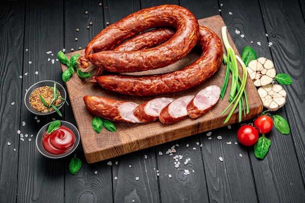 Appetizing smoked pork sausage on a dark background