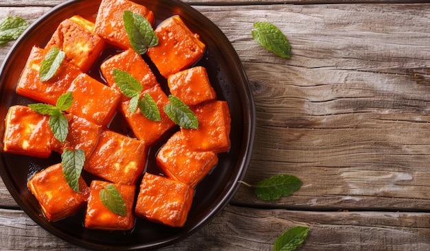 Appetizing sweet chili tofu cubes on rustic wooden background