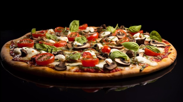 appetizing vegetarian pizza composed with cgarlic cloves pesto mushrooms as topping